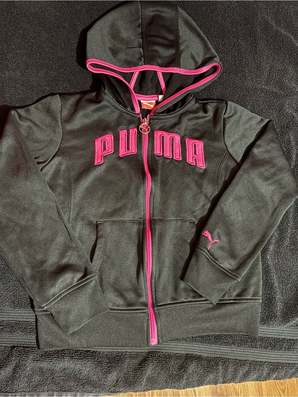 Puma Kids Black Hoodie with Pink Trim and Logo